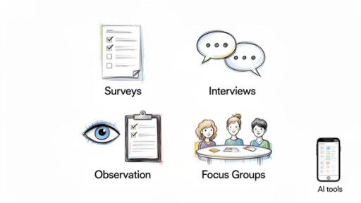 Sketches illustrating various data collection methods: surveys, interviews, observation, focus groups, and AI tools.