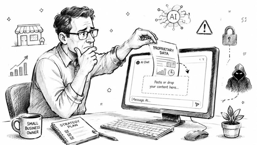 A concerned business owner uploads sensitive proprietary data into an AI chat interface on a computer screen.
