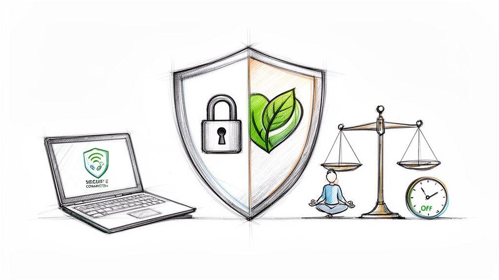 A sketch showing digital security, nature's balance, well-being, and time management for a balanced life.