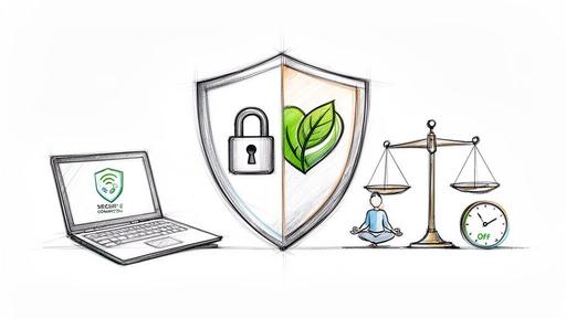 A sketch showing digital security, nature's balance, well-being, and time management for a balanced life.