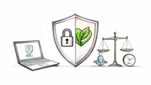 A sketch showing digital security, nature's balance, well-being, and time management for a balanced life.