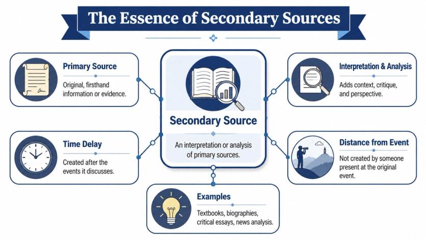 An infographic titled The Essence of Secondary Sources explaining characteristics and examples of secondary source materials.