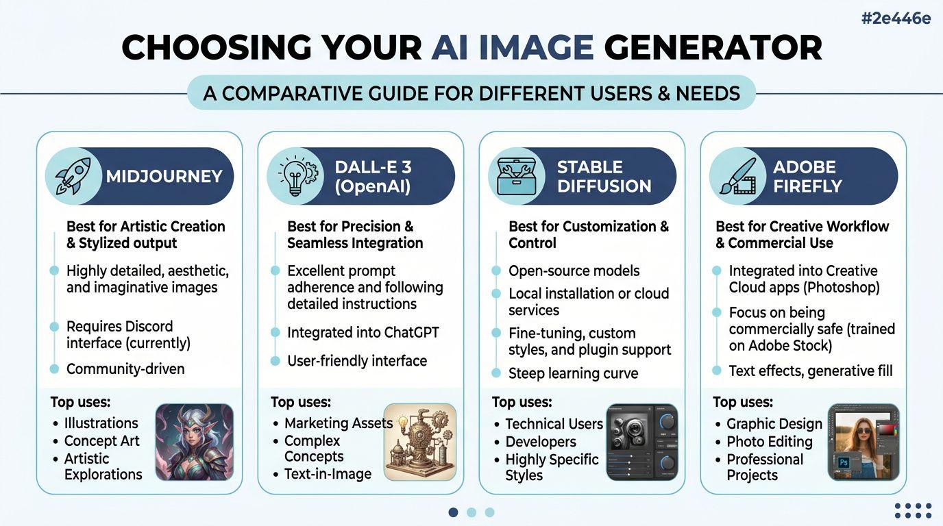 A comparison guide for choosing the best AI image generator including Midjourney, DALL-E 3, Stable Diffusion, and Adobe Firefly.