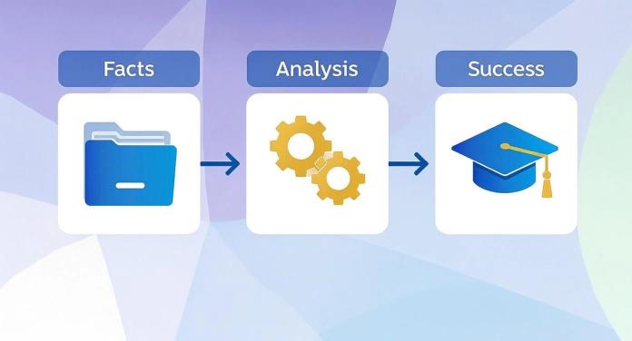 Three-step learning process diagram showing facts, analysis, and success with folder, gears, and graduation cap icons