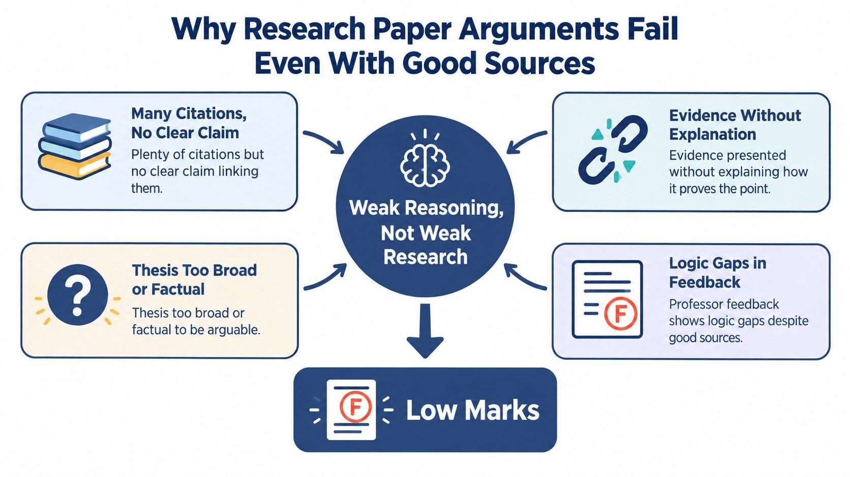 A diagram illustrating why research paper arguments fail despite good sources, causing low academic marks.