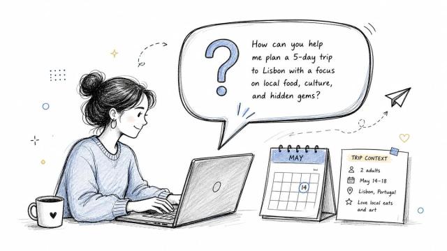 A digital illustration of a woman using a laptop to research a trip to Lisbon, Portugal.