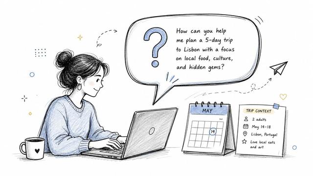 A digital illustration of a woman using a laptop to research a trip to Lisbon, Portugal.