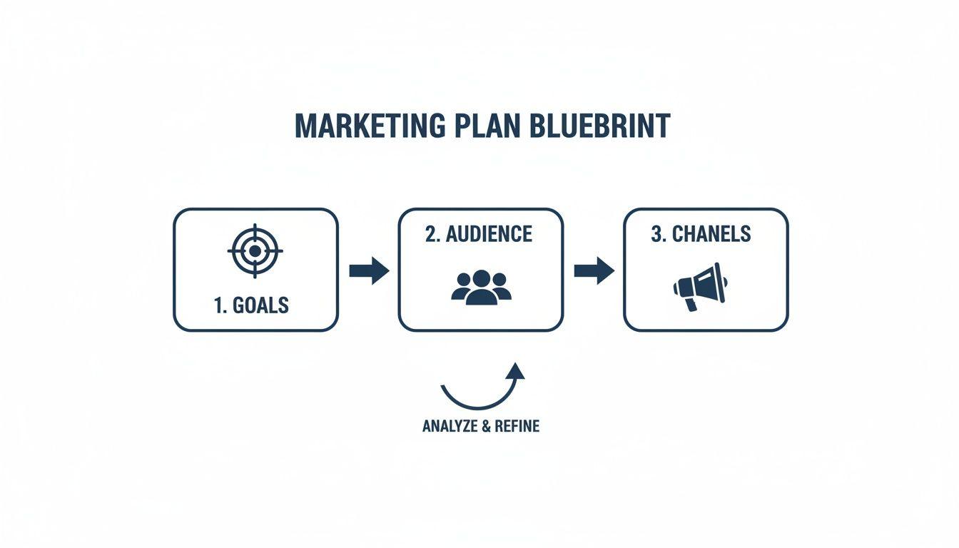 A marketing plan blueprint flowchart illustrating three steps: goals, audience, and channels, with an analyze and refine loop.