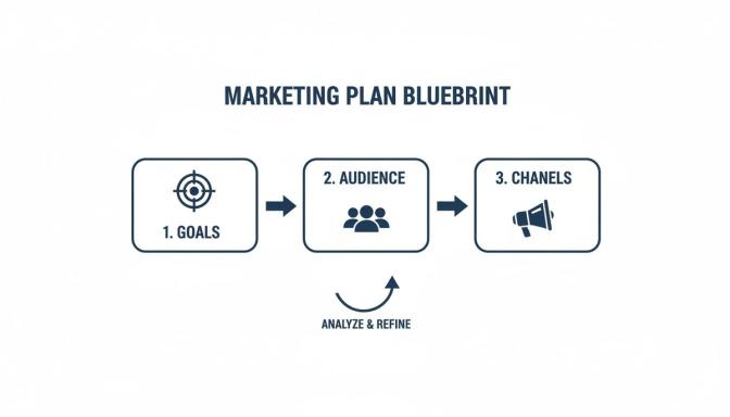 A marketing plan blueprint flowchart illustrating three steps: goals, audience, and channels, with an analyze and refine loop.