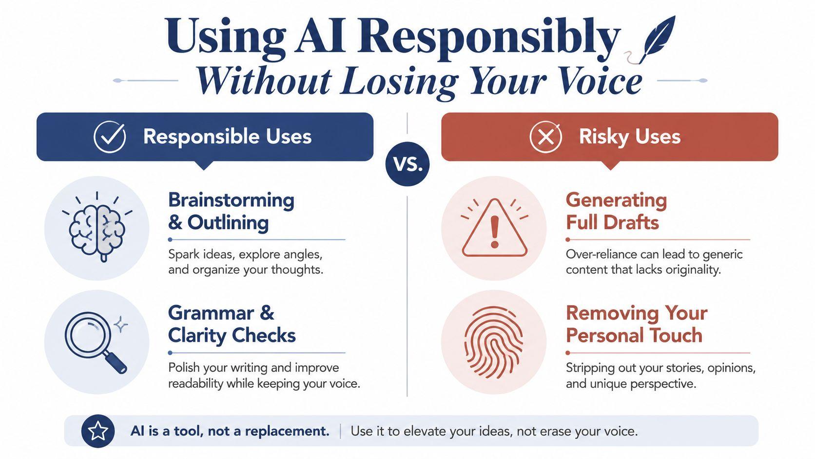 An infographic comparing responsible and risky uses of artificial intelligence when writing to maintain a personal voice.