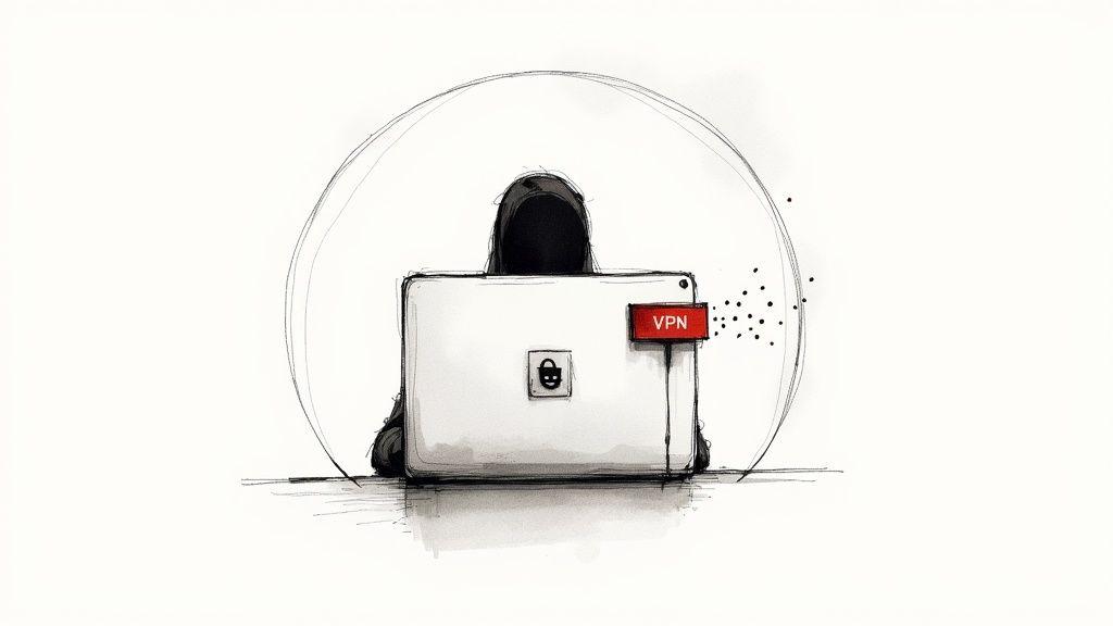 An illustration of a web browser with a privacy shield, symbolizing anonymous browsing.
