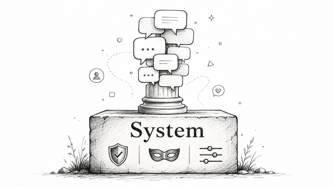 A pencil sketch of a column topped with speech bubbles resting on a stone base labeled System.