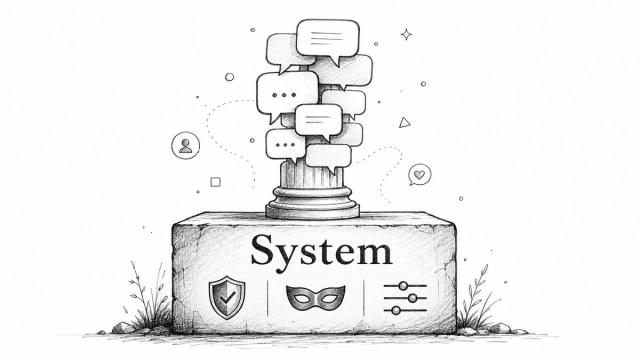 A pencil sketch of a column topped with speech bubbles resting on a stone base labeled System.