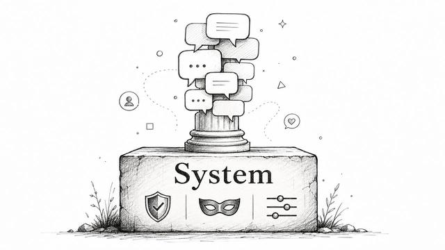 A pencil sketch of a column topped with speech bubbles resting on a stone base labeled System.