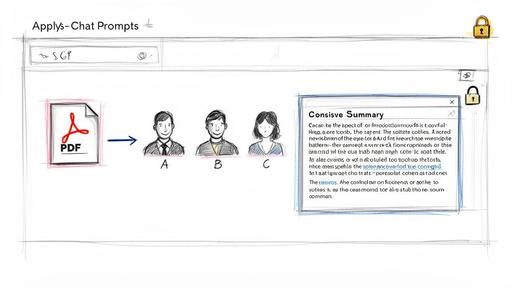 A sketch of 'Applys-Chat Prompts' interface, showing a PDF input, user profiles (A, B, C), and a 'Consisve Summary' box.