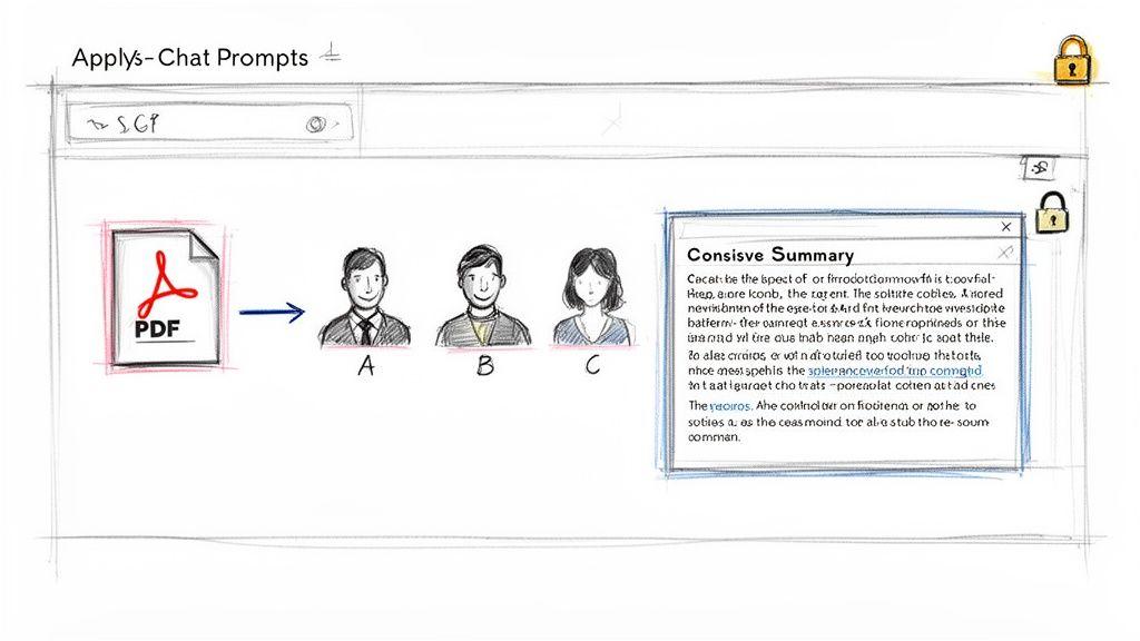 A sketch of 'Applys-Chat Prompts' interface, showing a PDF input, user profiles (A, B, C), and a 'Consisve Summary' box.
