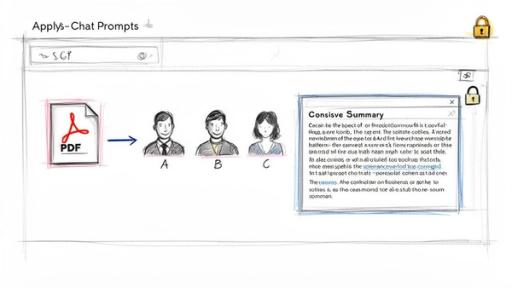 A sketch of 'Applys-Chat Prompts' interface, showing a PDF input, user profiles (A, B, C), and a 'Consisve Summary' box.