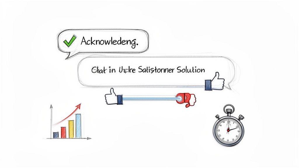 Whiteboard drawing illustrates customer service acknowledgement, chat solution, feedback, growth chart, and a stopwatch, symbolizing efficiency.