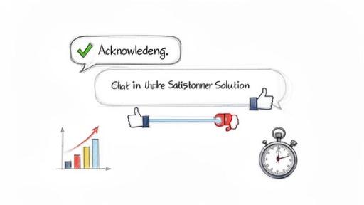 Whiteboard drawing illustrates customer service acknowledgement, chat solution, feedback, growth chart, and a stopwatch, symbolizing efficiency.