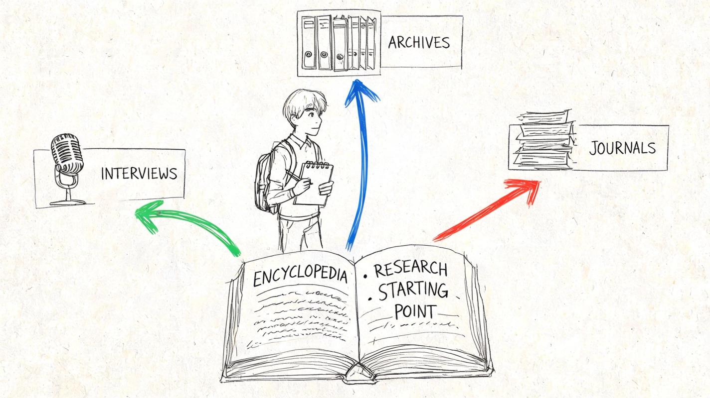 A student standing above an open encyclopedia book with arrows pointing to archives, journals, and interviews.