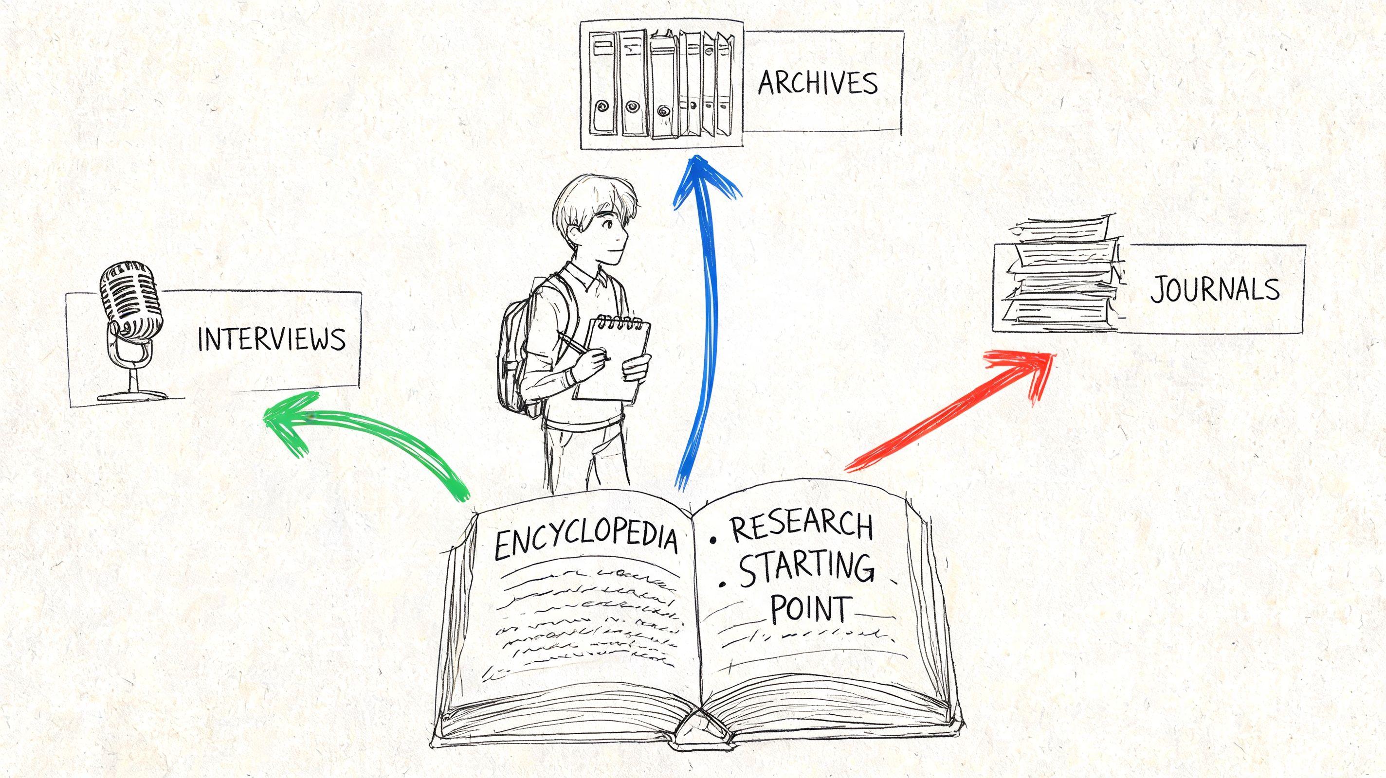 A student standing above an open encyclopedia book with arrows pointing to archives, journals, and interviews.