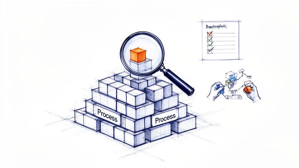Diagram showing process blocks, a magnified orange cube, a checklist, and hands assembling parts.
