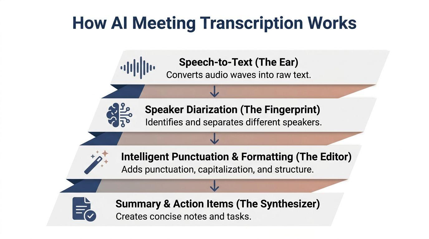 A flow chart explaining the four-step process of how AI meeting transcription technology converts audio to summary.