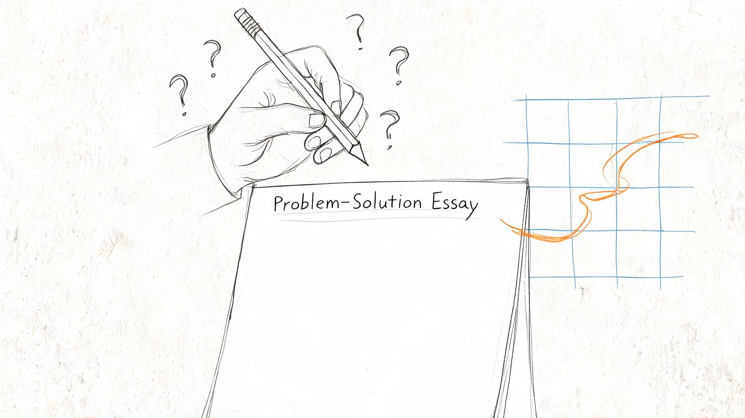 A hand holding a pencil over a sheet of paper titled Problem-Solution Essay with question marks around.