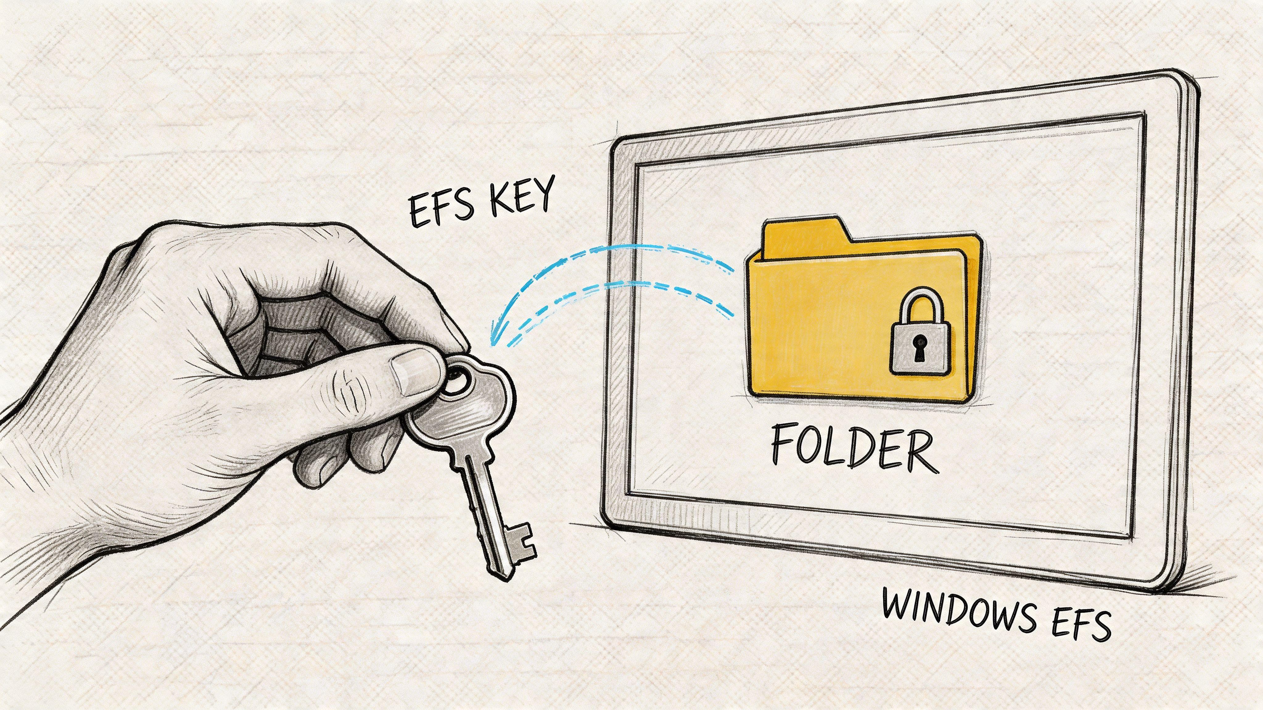 A hand holding a key that unlocks a digital yellow folder shown on a tablet screen.