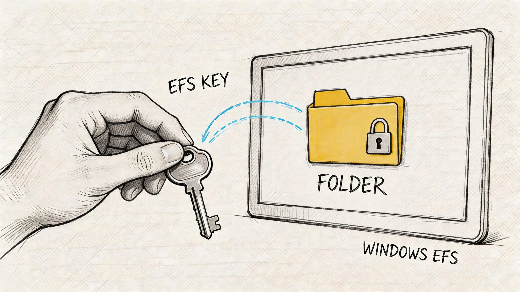 A hand holding a key that unlocks a digital yellow folder shown on a tablet screen.