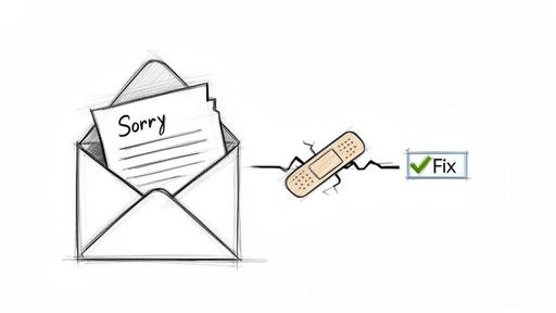 A sketch showing a 'Sorry' letter in an envelope, a cracked line, a band-aid, and a 'Fix' with a checkmark.
