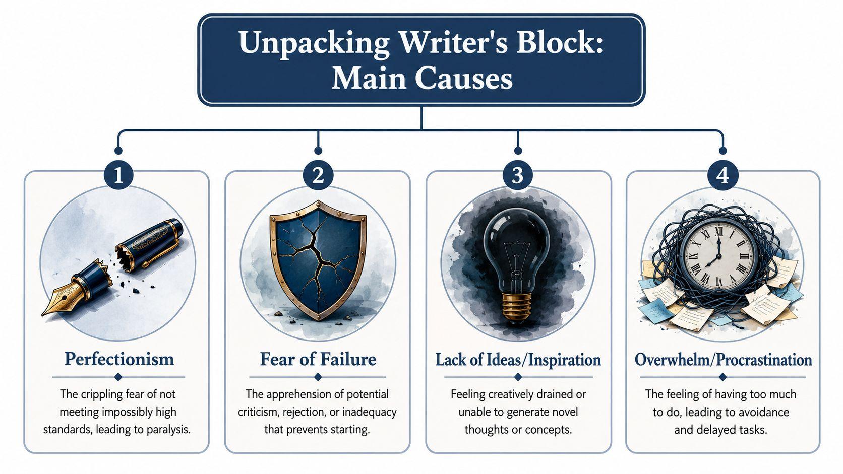 An infographic titled Unpacking Writer's Block listing four main causes: perfectionism, fear of failure, lack of inspiration, and overwhelm.