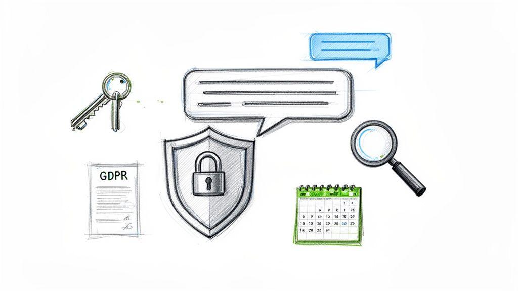 Hand-drawn icons illustrating data privacy, security, communication, and regulation, featuring a shield, keys, and GDPR document.