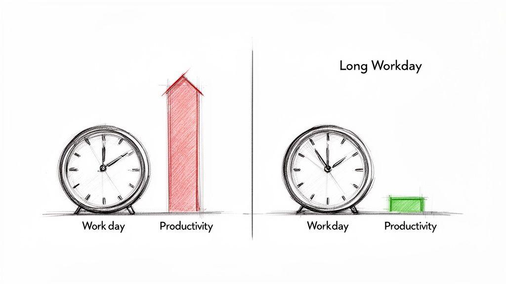 A visual comparison showing a standard workday with high productivity versus a long workday with low productivity.