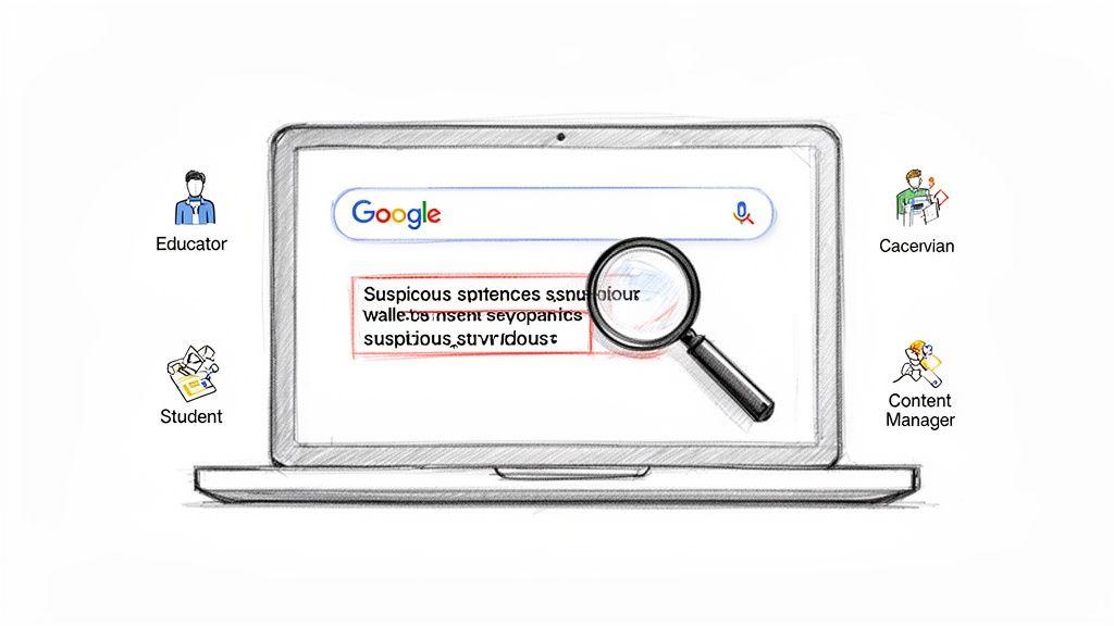 A sketch of a laptop displaying a Google search, magnifying suspicious text for plagiarism detection.