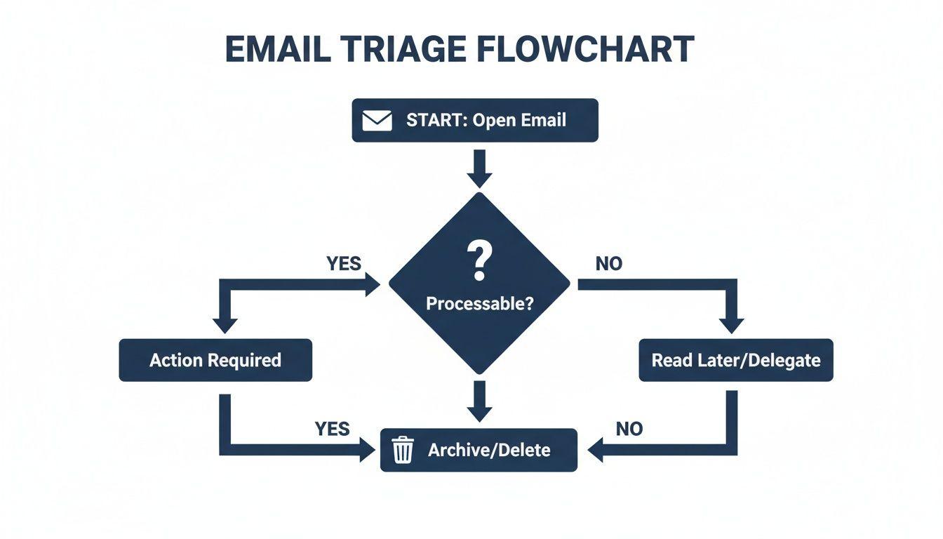 Flowchart illustrating an email triage method for efficient inbox management, guiding decisions from opening to archiving.