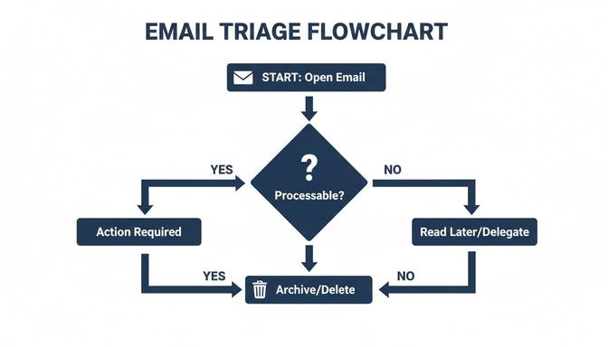 Flowchart illustrating an email triage method for efficient inbox management, guiding decisions from opening to archiving.
