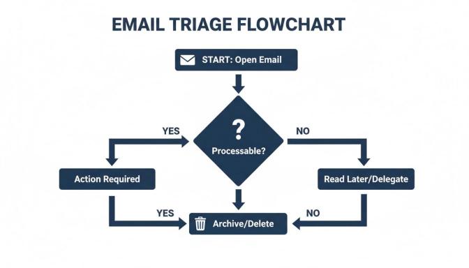 Flowchart illustrating an email triage method for efficient inbox management, guiding decisions from opening to archiving.