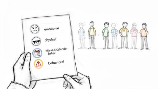 A hand holds a checklist with emotional, physical, and behavioral signs, beside diverse, concerned individuals.