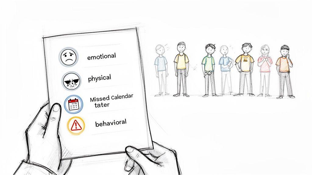 A hand holds a checklist with emotional, physical, and behavioral signs, beside diverse, concerned individuals.