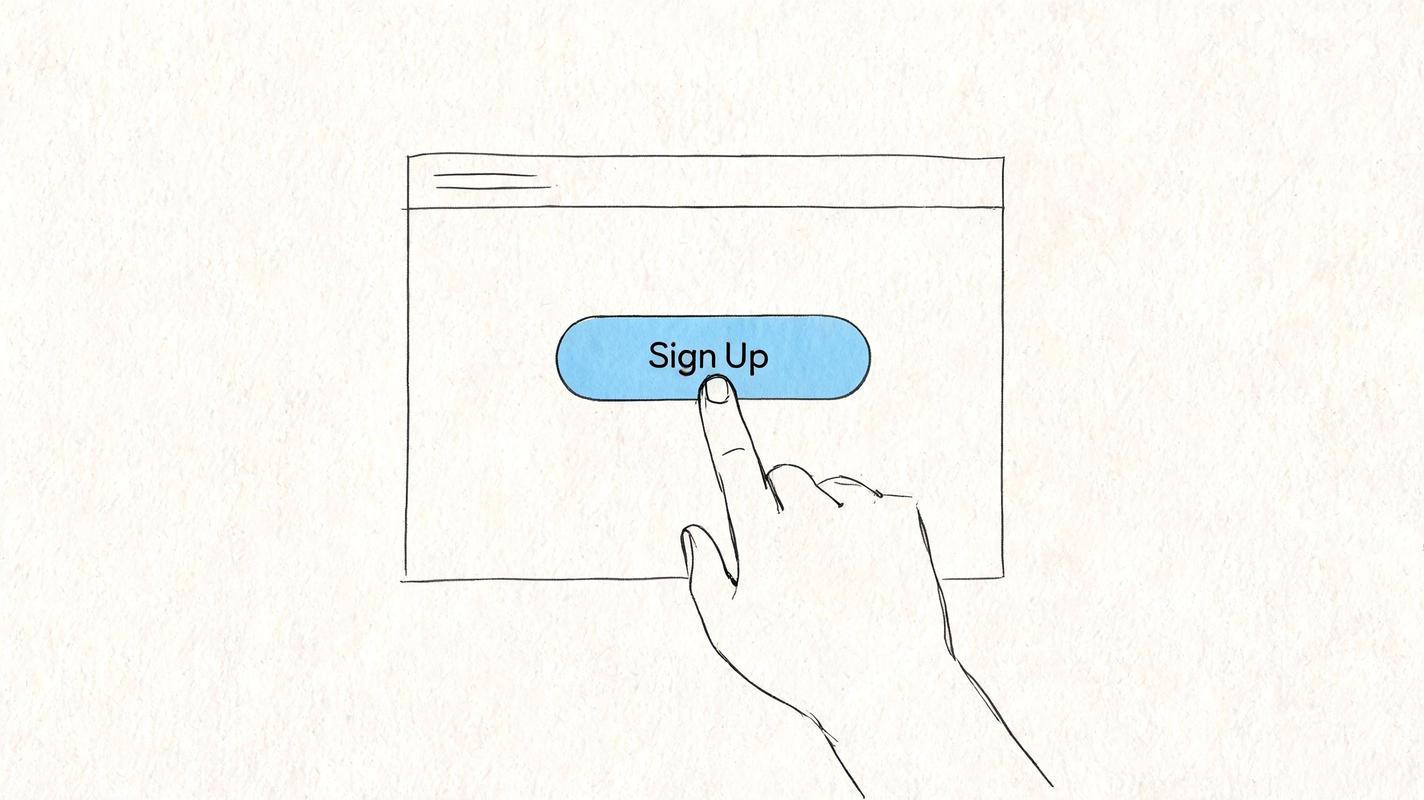 A hand illustration clicking on a blue Sign Up button on a digital interface screen.