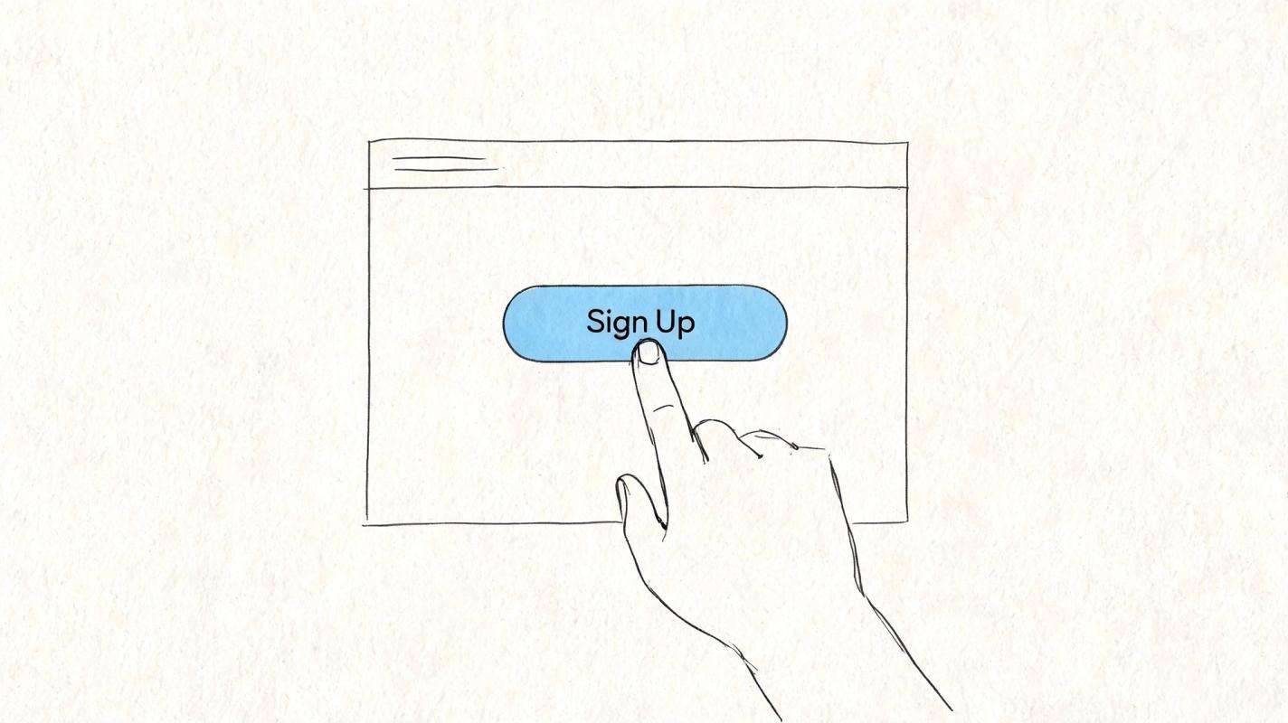 A hand illustration clicking on a blue Sign Up button on a digital interface screen.