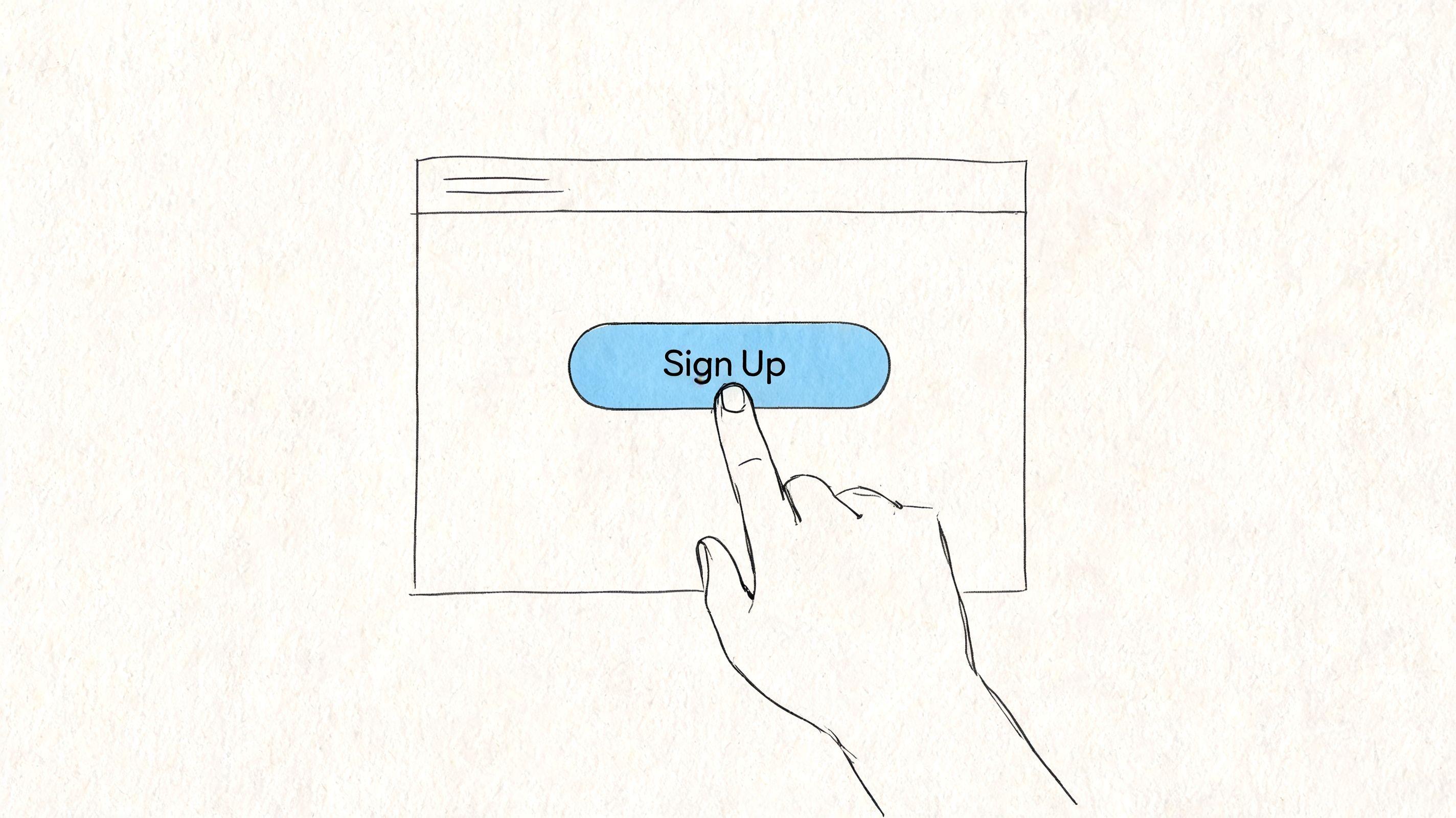 A hand illustration clicking on a blue Sign Up button on a digital interface screen.