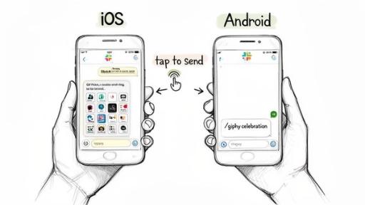 Two hands holding smartphones demonstrate sending GIFs in Slack, showing iOS app picker and Android command.
