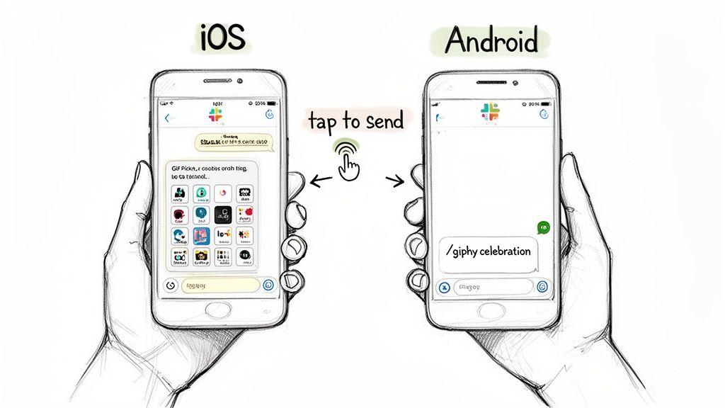 Two hands holding smartphones demonstrate sending GIFs in Slack, showing iOS app picker and Android command.