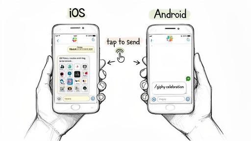 Two hands holding smartphones demonstrate sending GIFs in Slack, showing iOS app picker and Android command.