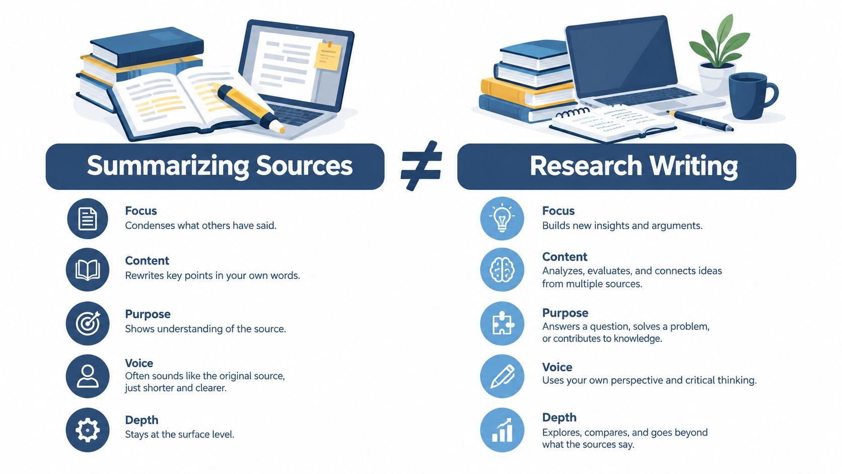 An infographic comparing the differences between summarizing sources and research writing with bullet points for each.