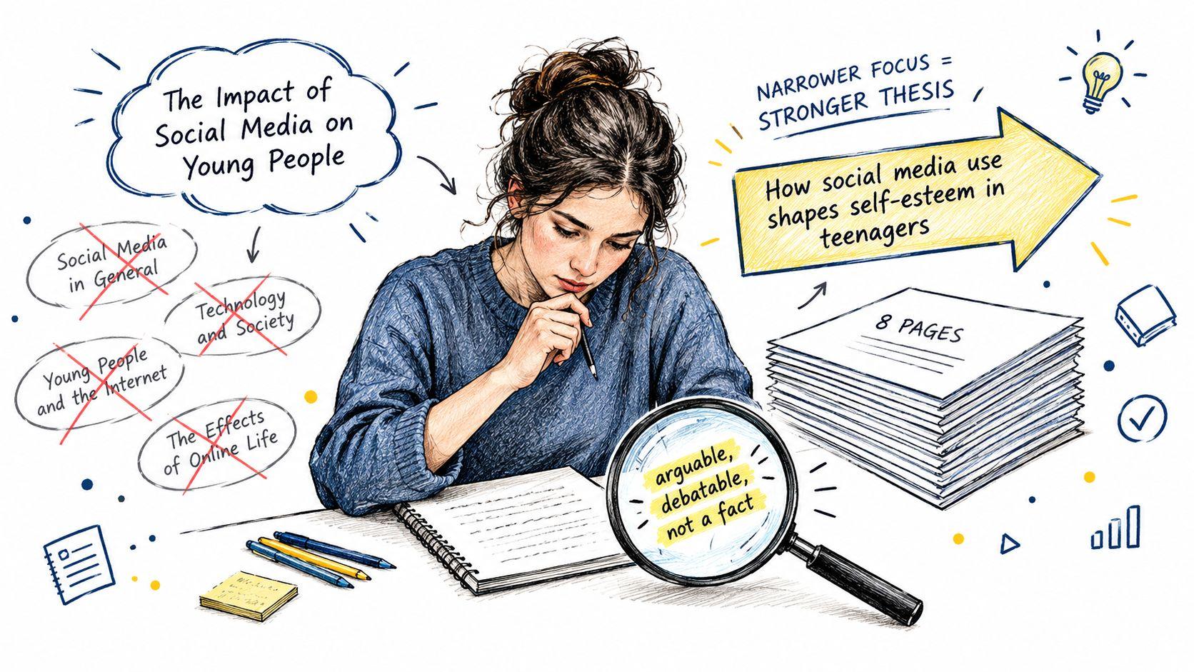 A student sketching out a research paper topic by narrowing a broad idea into a strong thesis.