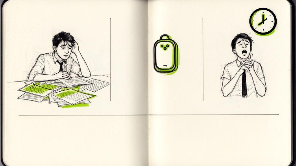 Illustration of a student looking stressed with papers, a low battery icon, and yawning with a clock.