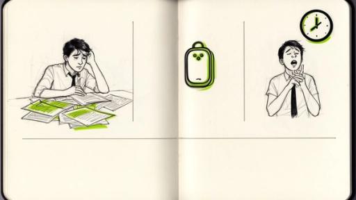 Illustration of a student looking stressed with papers, a low battery icon, and yawning with a clock.